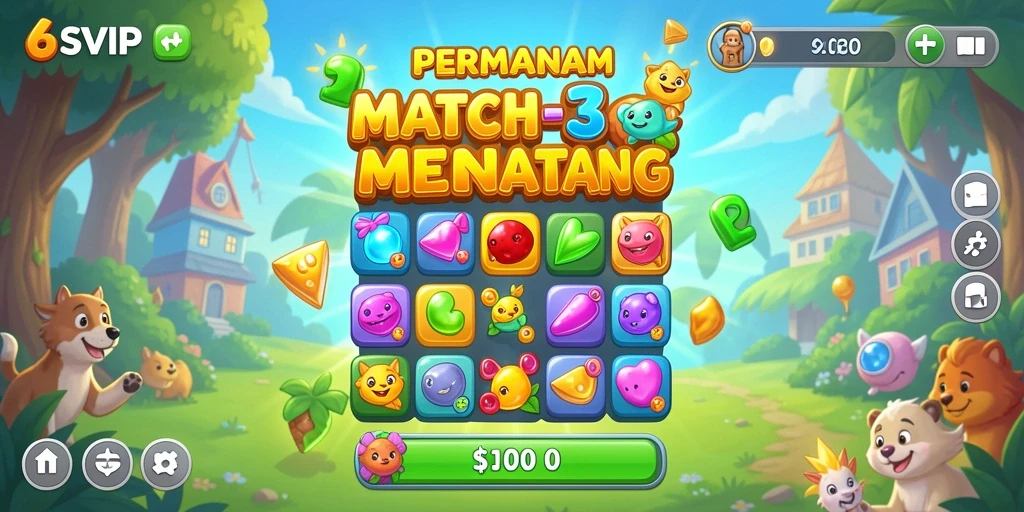 Tangkapan layar gameplay Match-3 yang penuh warna dan dinamis.
