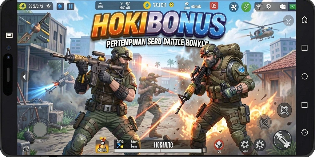 Gameplay HOKIBONUS menunjukkan aksi pertempuran Battle Royale yang intens.