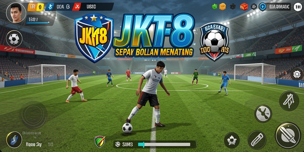 Screeshot utama JKT8 menampilkan aksi seru di lapangan sepak bola.