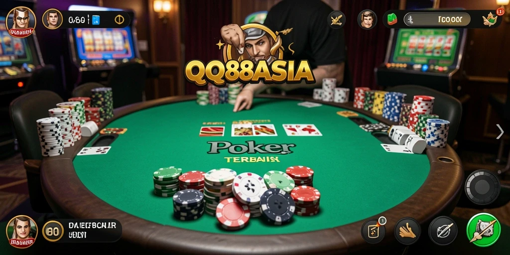Screenshot gameplay QQ88ASIA menampilkan aksi poker yang mendebarkan.