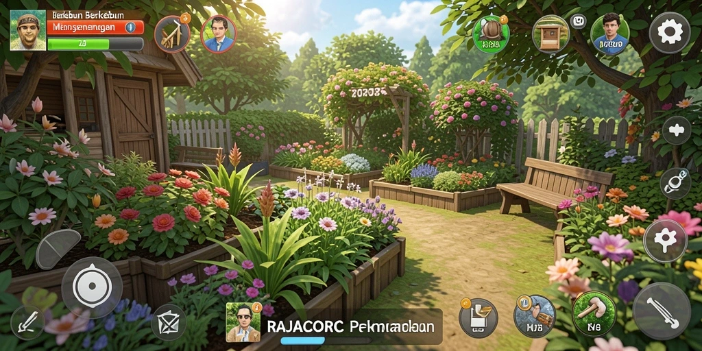 Tampilan gameplay seru dalam RAJACORC yang menggambarkan aktivitas berkebun.