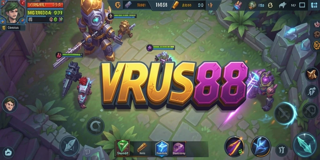 Screenshot gameplay <strong>VIRUS88</strong> menampilkan aksi pertempuran yang intens di arena MOBA.