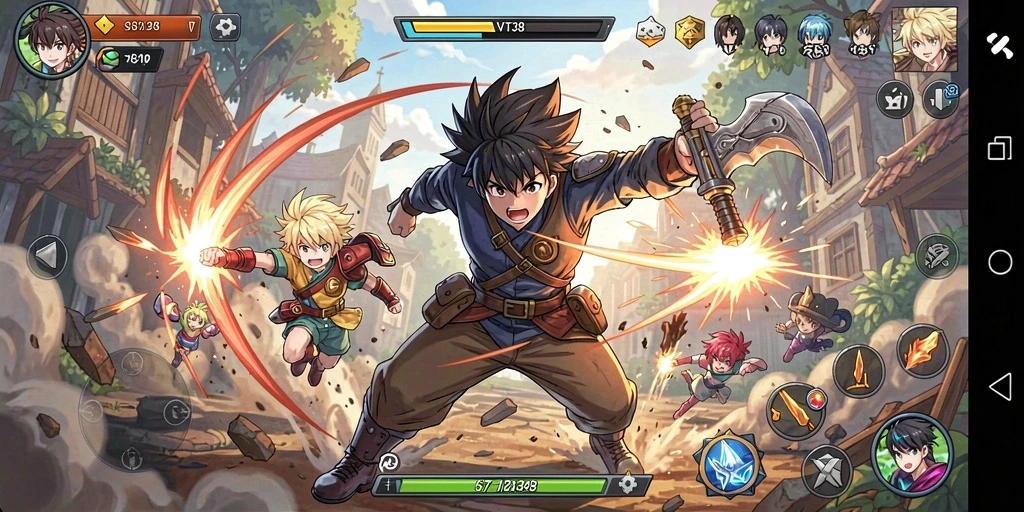 Screenshot VT38 menampilkan karakter Anime dalam pertarungan yang mendebarkan.